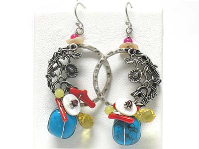 Natural stone and multi bead charm casting metal ring earring