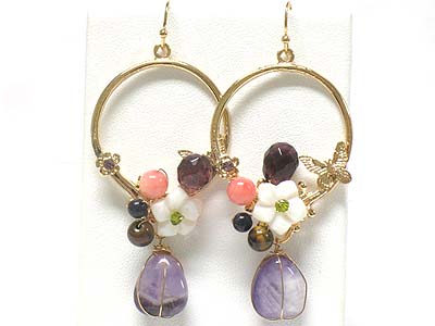 Natural stone drop flower and butterfly pattern earring