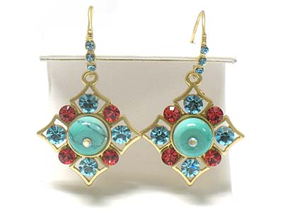 Turquoise stone and crystal deco square drop earrin