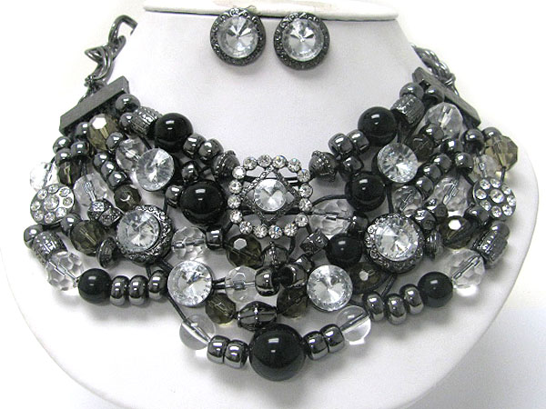 Multi row crystal and mixed facet glass ball link bib necklace earring set