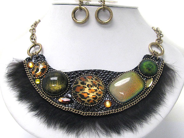 Animal theme glass tone and fur deco bib style necklace earring set