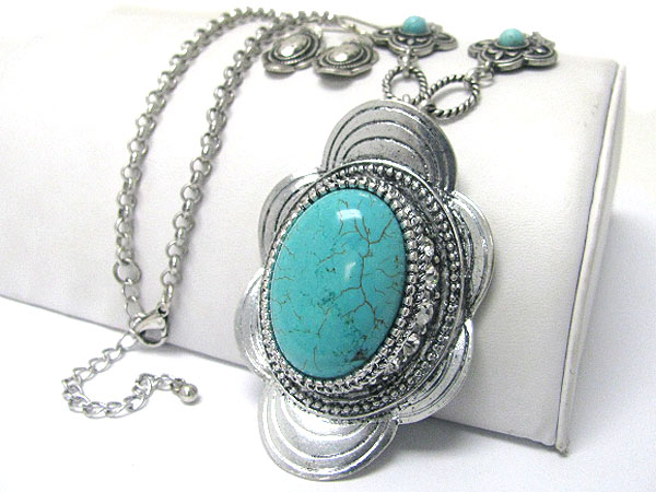 Turquoise stone and metal deco oval pendant drop long necklace earring set