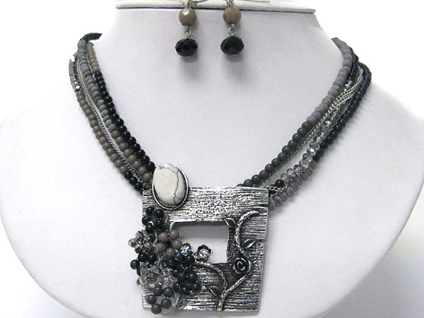 Metal and beads art deco pendant and multi row beads necklace earring set