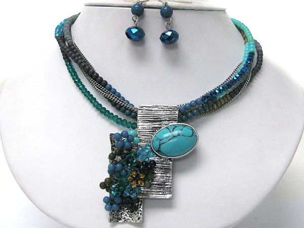 Metal and beads art deco pendant and multi row beads necklace earring set