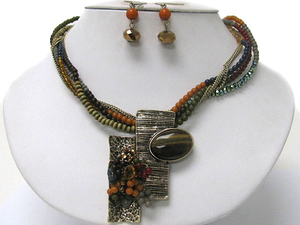 Metal and beads art deco pendant and multi row beads necklace earring set