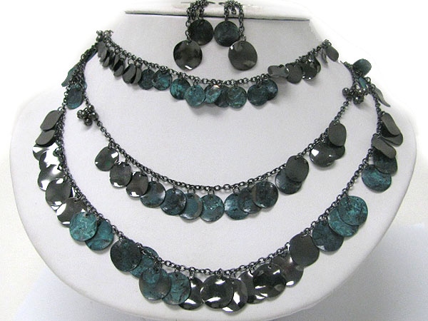 Triple layer patina metal disk dangle necklace earring set