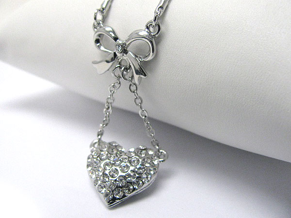 Crystal stud ribbon and heart dangle necklace