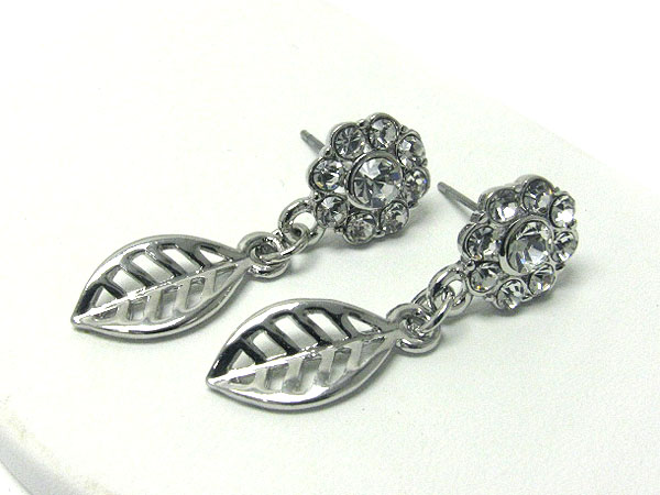 Crystal stud flower and leaf dangle earring 