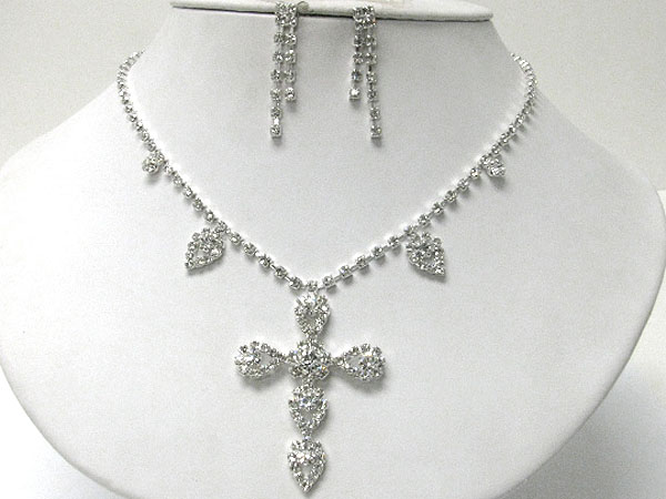 Rhinestone cross pendant necklace earring set