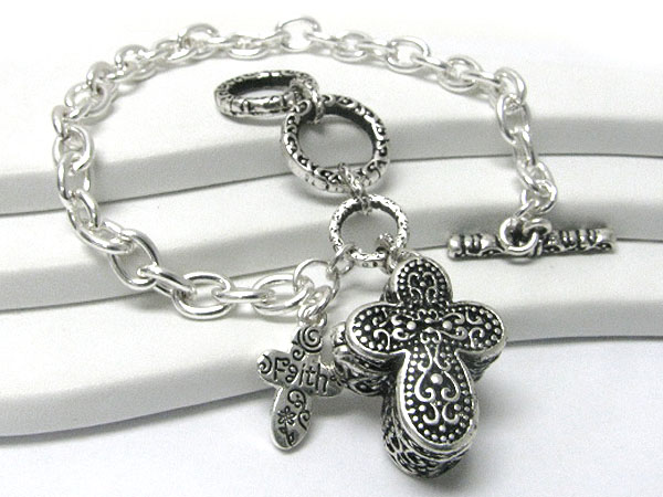 Textured metal cross prayer box locket charm dangle bracelet