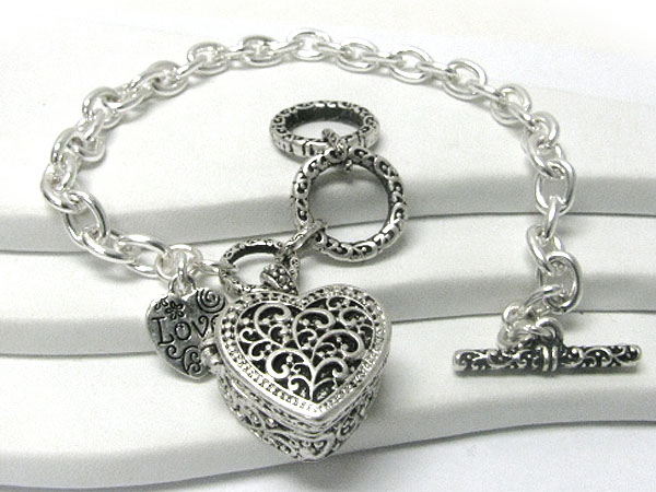 Textured metal heart prayer box locket charm dangle bracelet