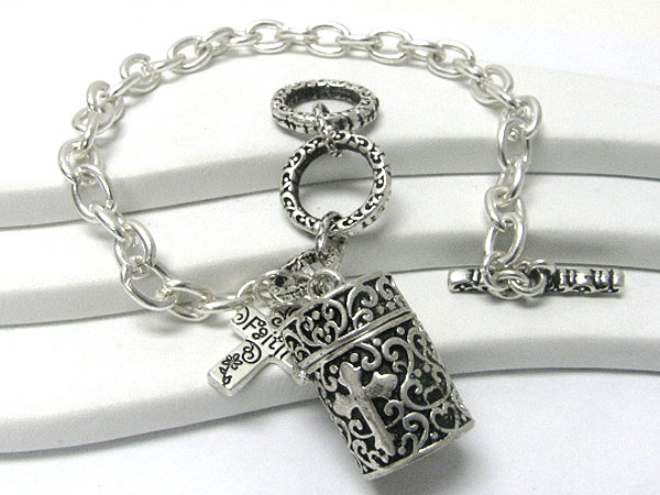 Textured metal prayer box locket charm dangle bracelet