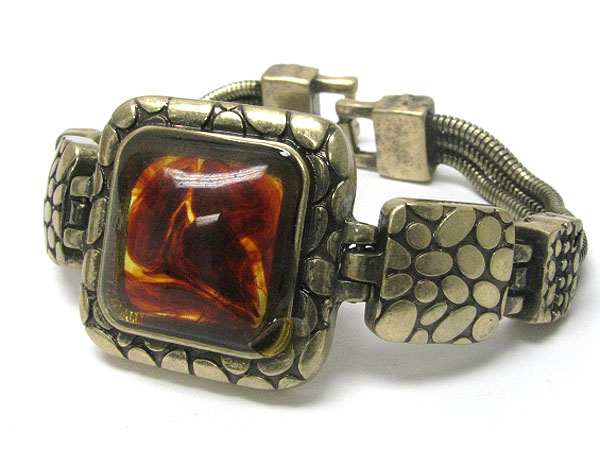 Natural square stone pebble textured metal link bracelet