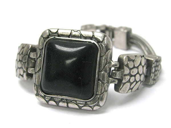 Natural square stone pebble textured metal link bracelet