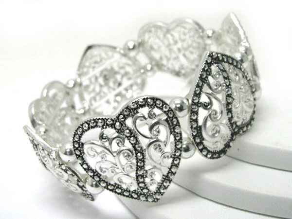 Textured metal heart link stretch bracelet