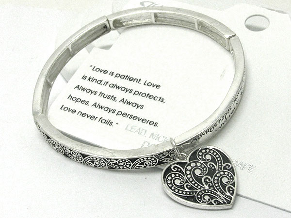 Inspiration bible message and textured heart charm stretch bracelet