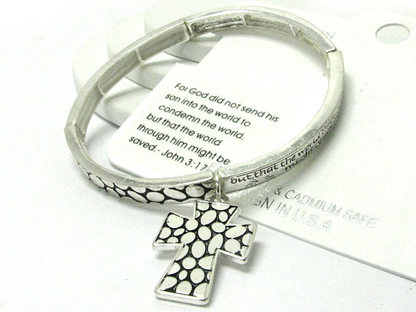 Inspiration bible message and textured cross charm stretch bracelet