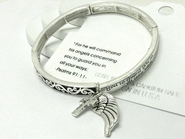 Inspiration bible message and textured wing charm stretch bracelet