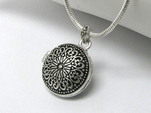 Textured metal round prayer box locket pendant necklace