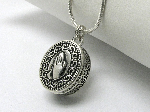 Textured metal oval prayer box locket pendant necklace