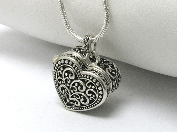 Textured metal heart prayer box locket pendant necklace