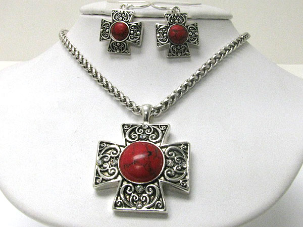 Natural stone and textured metal cross pendant necklace earring set