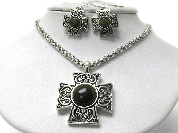 Natural stone and textured metal cross pendant necklace earring set