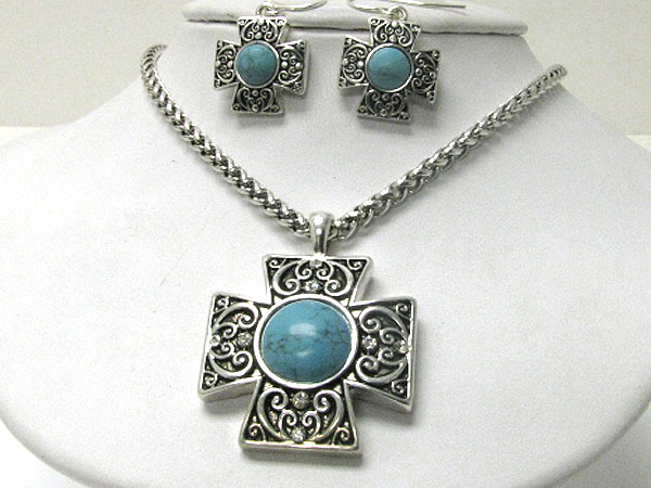 Natural stone and textured metal cross pendant necklace earring set