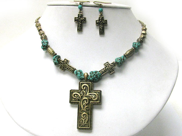 Textured metal cross and turquoise stone link necklace earring set 