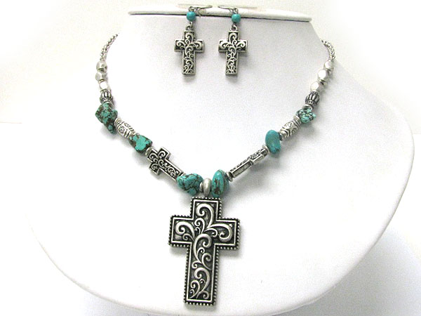 Textured metal cross and turquoise stone link necklace earring set