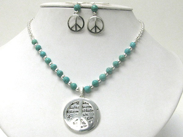 Peace message and charm natural stone ball link necklace earring set