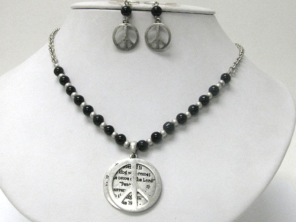 Peace message and charm natural stone ball link necklace earring set