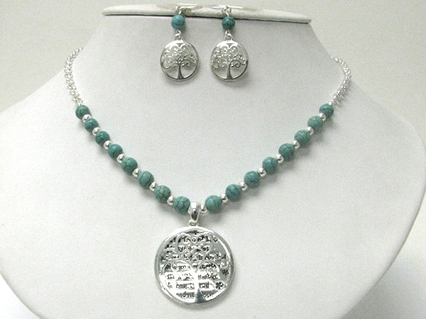 Tree of life message and charm natural stone ball link necklace earring set