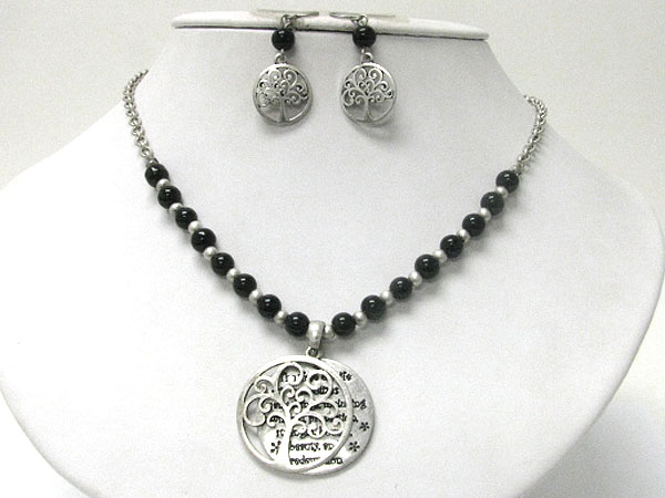 Tree of life message and charm natural stone ball link necklace earring set