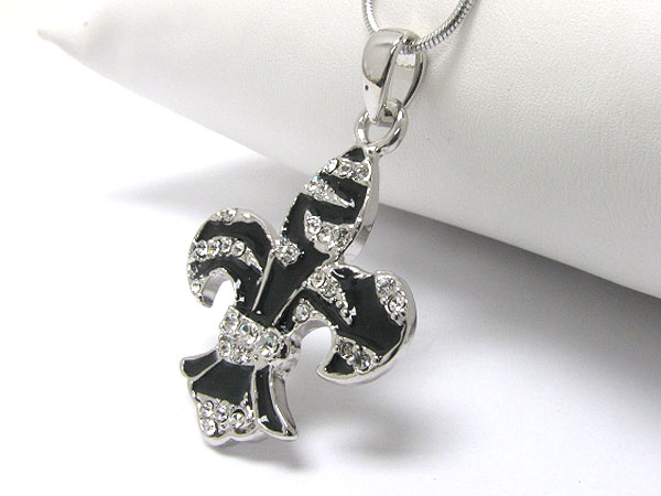 Made in korea whitegold plating crystal and enamel fleur de lis pendant necklace