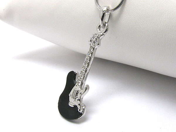 Made in korea whitegold plating crystal and onyx deco guitar pendant necklace