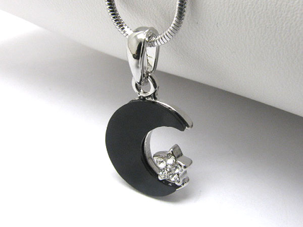 Made in korea whitegold plating crystal and onyx deco moon and star pendant necklace