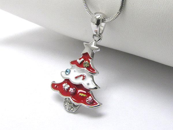 Made in korea whitegold plating crystal and epoxy christmas tree pendant necklace