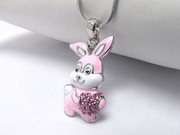 Made in korea whitegold plating crystal and epoxy bunny pendant necklace