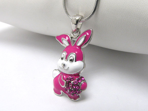 Made in korea whitegold plating crystal and epoxy bunny pendant necklace