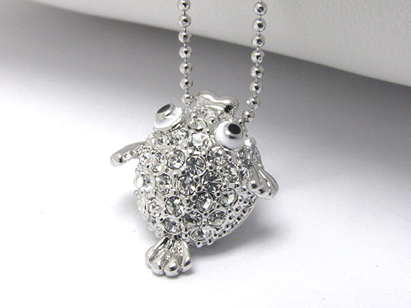 Made in korea whitegold plating crystal stud puff fish pendant necklace