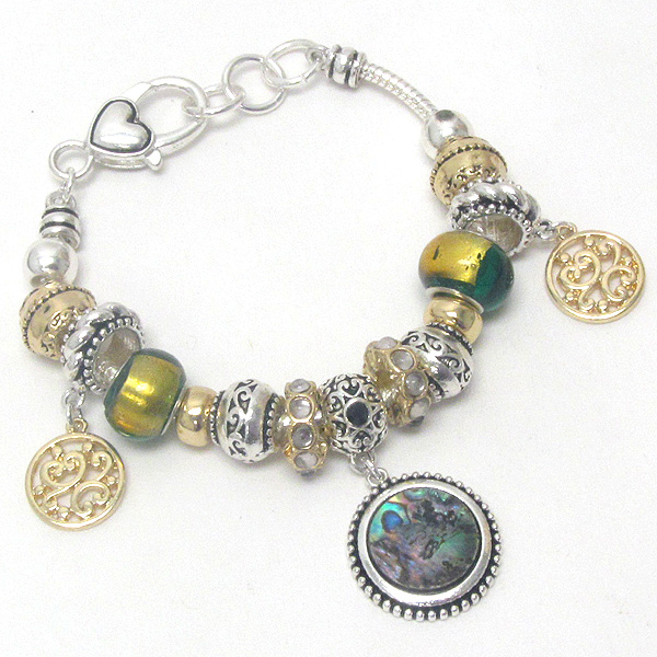 Multi metal casting ring and abalone finish disk charm pandora style bracelet