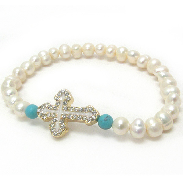 Crystal and mop deco cross and pearl stretch bracelet