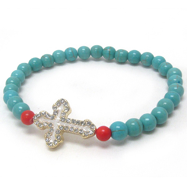 Crystal and mop deco cross and pearl stretch bracelet