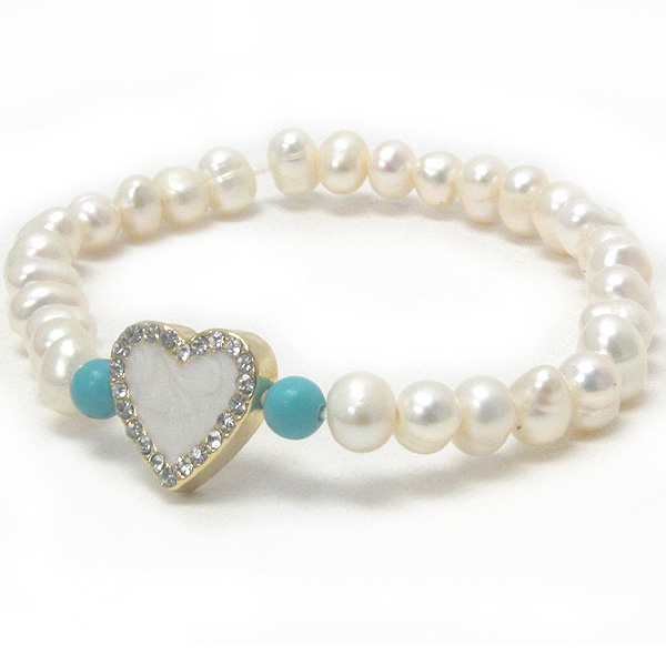 Crystal and mop deco heart and pearl stretch bracelet