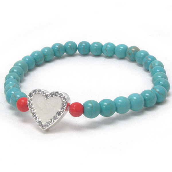 Crystal and mop deco heart and pearl stretch bracelet