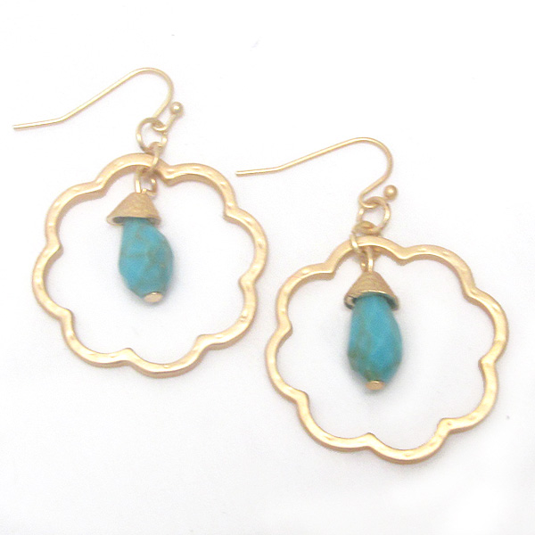 Metal flower hoop and turquoise drop earring