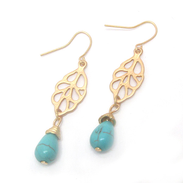 Metal filigree leaf and turquoise drop earring