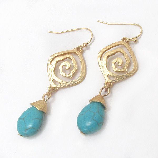 Hammered metal filigree and turquoise drop earring 