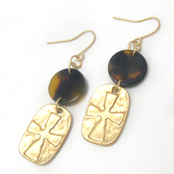 Tortoise disk and hammered cross drop earring